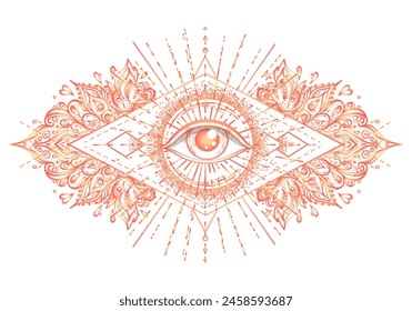 Symbol der Heiligen Geometrie mit dem ganzen Auge in Säurefarben. Mystisch, Alchemie, okkultes Konzept. Design für Indie-Musikcover, T-Shirt-Print, psychedelisches Poster, Flyer.