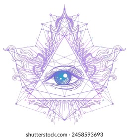 Símbolo de geometría sagrada con todos los ojos que se ven en colores ácidos. Mística, alquimia, concepto oculto. Diseño de portada de música indie, estampado de camiseta, póster psicodélico, flyer.