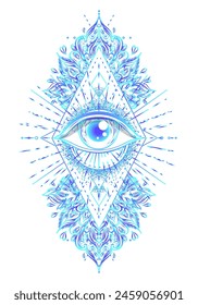 Símbolo de geometría sagrada con todos los ojos que se ven en colores ácidos. Mística, alquimia, concepto oculto. Diseño de portada de música indie, estampado de camiseta, póster psicodélico, flyer.