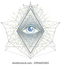 Sacred geometry symbol with all seeing eye over in acid colors. Mystic, alchemy, occult concept. Design for indie music cover, t-shirt print, psychedelic poster, flyer.