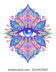 Sacred geometry symbol with all seeing eye over in acid colors. Mystic, alchemy, occult concept. Design for indie music cover, t-shirt print, psychedelic poster, flyer.