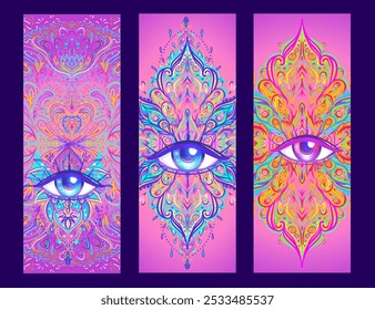 Sacred geometry symbol with all seeing eye over in acid colors. Mystic, alchemy, occult concept. Design for indie music cover, t-shirt print, psychedelic poster, flyer.