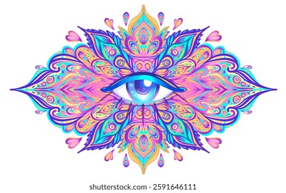Sacred geometry symbol with all seeing eye over in acid colors. Mystic, alchemy, occult concept. Design for indie music cover, t-shirt print, psychedelic poster, flyer.