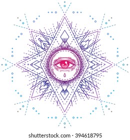 Sacred Geometry Symbol With All Seeing Eye Isolated On White. Mystic, Alchemy, Occult Concept. Design For Indie Music Album Cover, T-shirt Print, Boho Poster, Flyer. Astrology, Shamanism, Religion.