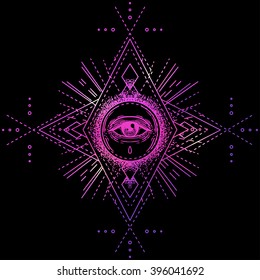 Sacred geometry symbol with all seeing eye isolated on black. Mystic, alchemy, occult concept. Design for indie music album cover, t-shirt print, boho poster, flyer. Astrology, shamanism, religion.