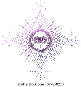 Sacred Geometry Symbol With All Seeing Eye Isolated On White. Mystic, Alchemy, Occult Concept. Design For Indie Music Album Cover, T-shirt Print, Boho Poster, Flyer. Astrology, Shamanism, Religion.