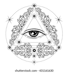 Sacred geometry symbol with all seeing eye isolated on white. Mystic, alchemy, occult concept. Design for a music album cover, t-shirt print, poster, flyer. Astrology, shamanism, religion.