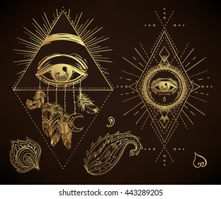Sacred geometry symbol with all seeing eye isolated gold on black. Tattoo, spirituality, prints, ornamental floral elements with henna, golden stickers, flash temporary tattoo,  cards and prints.