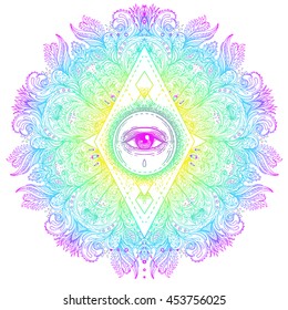 Sacred geometry symbol with all seeing eye in acid colors. Mystic, alchemy, occult concept. Design for indie music cover, t-shirt print, psychedelic poster, flyer. Astrology, esoteric, religion.
