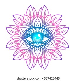 Sacred geometry symbol with all seeing eye in acid colors. Mystic, alchemy, occult concept. Design for indie music cover, t-shirt print, psychedelic poster, flyer. Astrology, esoteric, religion. 