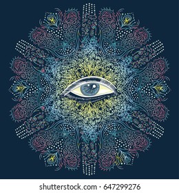 Sacred geometry symbol with all seeing eye. Mystic, alchemy, occult concept.  Astrology, esoteric, religion. Vector illustration.
