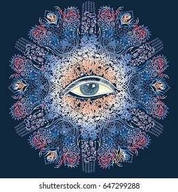 Sacred geometry symbol with all seeing eye. Mystic, alchemy, occult concept.  Astrology, esoteric, religion. Vector illustration.
