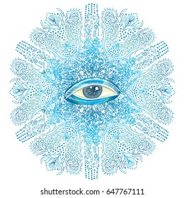 Sacred geometry symbol with all seeing eye. Mystic, alchemy, occult concept.  Astrology, esoteric, religion. Vector illustration. Circular pattern. Blue mandala.