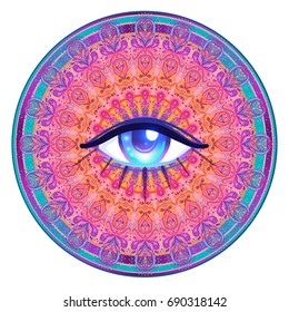 Sacred geometry symbol with all seeing eye in acid colors isolated. Mystic, alchemy, occult concept. Design for music cover, t-shirt print, psychedelic poster, flyer. Astrology, esoteric, religion. 