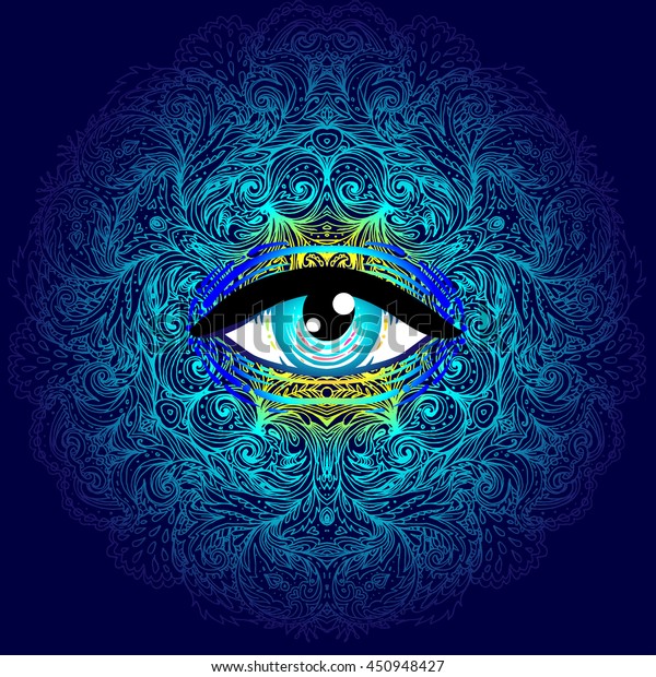 Sacred geometry symbol with all seeing eye in acid\
colors. Mystic, alchemy, occult concept. Design for indie music\
cover, t-shirt print, psychedelic poster, flyer. Astrology,\
esoteric, religion. 