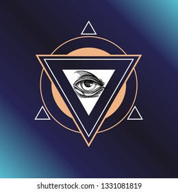 Sacred geometry symbol with all-seeing eye. Alchemy, religion, philosophy, astrology and spirituality themes. Vector illustration for posters, websites, engraving and much more.