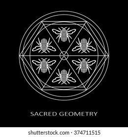 Sacred geometry symbol with bees in vector. Bee - symbol of heaven, diligence, immortality, spirituality, purity of soul. Abstract geometry pattern with ancient magic spirituality symbols and elements