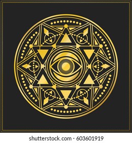 Sacred geometry symbol. Golden magic geometric illustration - gold on dark background.