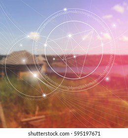 Sacred geometry symbol with golden ratio digits. Mathematics and spirituality in nature. Translation of greek text - there is no beginning and no end of the Universe, of the Life and the Bliss.