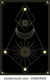 Sacred geometry symbol including moon, sun and eye. Modern esoteric decorative element.