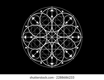 Sacred Geometry symbol. Logo icon Geometric mystic mandala of alchemy esoteric Flower of Life. Mystical arrows of fortune, white vector tattoo divine meditative amulet isolated on black background