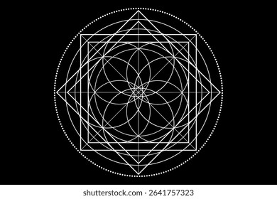 Sacred Geometry symbol. Logo icon Geometric mystic mandala of alchemy esoteric Flower of Life. Mystical lotus of fortune, white vector tattoo divine meditative amulet isolated on black background