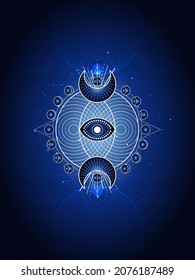 Sacred geometry symbol on abstract background. Mystic sign drawn in lines. Image in blue color. 