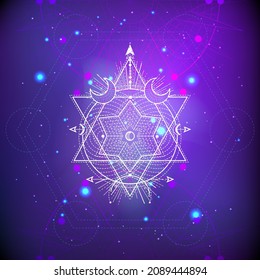 Sacred geometry symbol on abstract background. Mystic sign drawn in lines. Image in purple color. 
