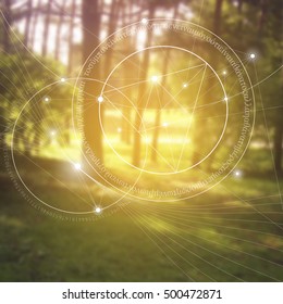 Sacred geometry symbol on blurred photo background. Mathematics and spirituality in nature. There is no beginning and no end of the Universe, and no beginning and no end of the Life and the Bliss.