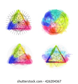 Sacred geometry symbol on rainbow watercolor background. Vector illustration.