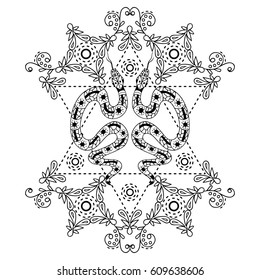 Sacred geometry symbol with snakes isolated on white. Decorative design for music album cover, t-shirt print, poster, flyer.  Mystic, occultism, shamanism. 