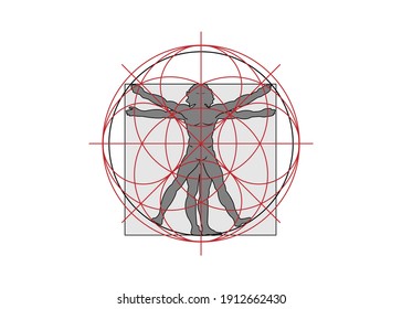 Sacred Geometry symbol. The Vitruvian man. Detailed drawing on the basis of artwork by Leonardo da Vinci, vector isolated on white background