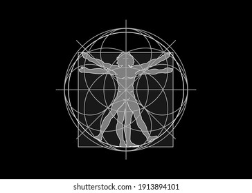 Sacred Geometry symbol. The Vitruvian man. Detailed drawing on the basis of artwork by Leonardo da Vinci, vector isolated on black background