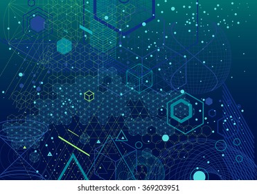 Sacred geometry symbols and elements background. Cosmic, universe, big bang, alchemy, religion, philosophy, astrology, science, physics, chemistry and spirituality themes