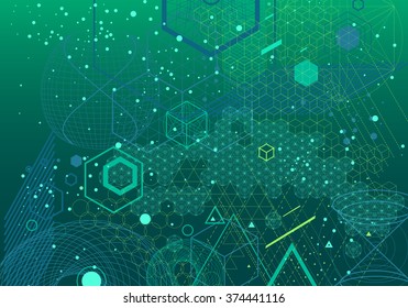 Sacred geometry symbols and elements background. Cosmic, universe, big bang, alchemy, religion, philosophy, astrology, science, physics, chemistry and spirituality themes