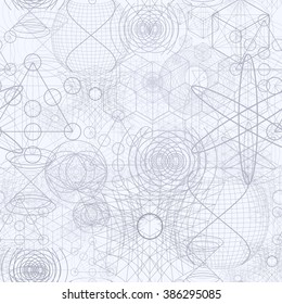 Sacred geometry symbols and elements background. Cosmic, universe, big bang, alchemy, religion, philosophy, astrology, science, physics, chemistry and spirituality themes. Matter, space, time. 