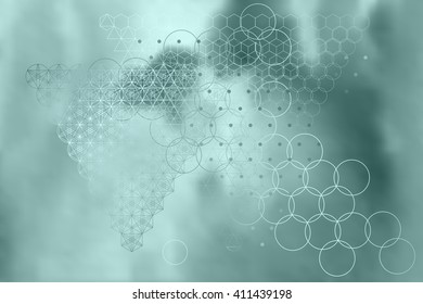 Sacred geometry symbols and elements background. Cosmic, universe, big bang, alchemy, religion, philosophy, astrology, science, physics, chemistry and spirituality themes. Science mesh background.