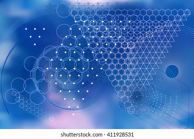 Sacred geometry symbols and elements background. Cosmic, universe, big bang, alchemy, religion, philosophy, astrology, science, physics, chemistry and spirituality themes