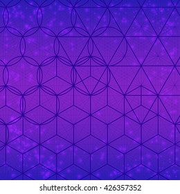 Sacred geometry symbols and elements background. Alchemy, religion, philosophy, astrology and spirituality themes. Sacred mesh with triangles, circle and square. Geometric religion sign.