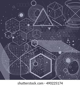 Sacred geometry symbols and elements background. Cosmic, universe, big bang, alchemy, religion, philosophy, astrology, science, physics, chemistry and spirituality themes.