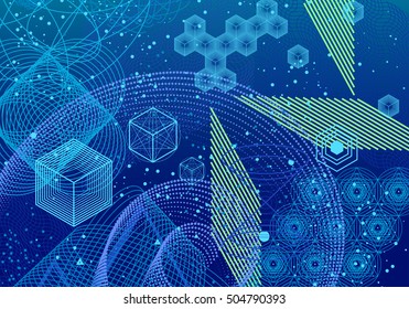 Sacred geometry symbols and elements background. Cosmic, universe, big bang, alchemy, religion, philosophy, astrology, science, physics, chemistry and spirituality themes.