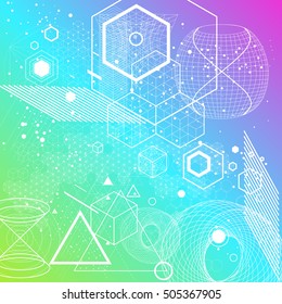 Sacred geometry symbols and elements background. Cosmic, universe, big bang, alchemy, religion, philosophy, astrology, science, physics, chemistry and spirituality themes. 