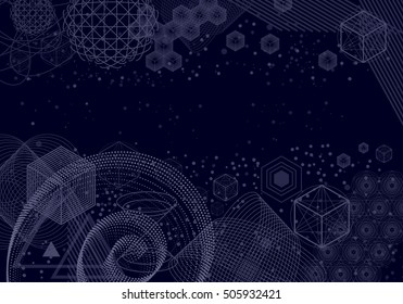 Sacred geometry symbols and elements background. Cosmic, universe, big bang, alchemy, religion, philosophy, astrology, science, physics, chemistry and spirituality themes.