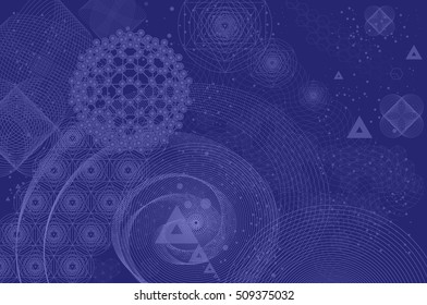 Sacred geometry symbols and elements background. Cosmic, universe, big bang, alchemy, religion, philosophy, astrology, science, physics, chemistry and spirituality themes. Matter, space, time.
