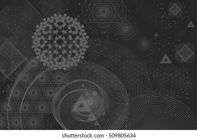 Sacred geometry symbols and elements background. Cosmic, universe, big bang, alchemy, religion, philosophy, astrology, science, physics, chemistry and spirituality themes. Matter, space, time.