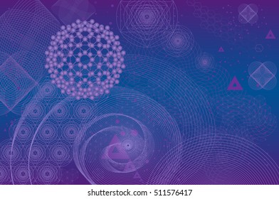Sacred geometry symbols and elements background. Cosmic, universe, big bang, alchemy, religion, philosophy, astrology, science, physics, chemistry and spirituality themes. Matter, space, time.