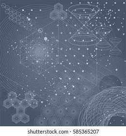 Sacred geometry symbols and elements background. Cosmic, universe, big bang, alchemy, religion, philosophy, astrology, science, physics, chemistry and spirituality themes. Magic signs.
