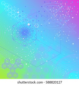 Sacred geometry symbols and elements background. Cosmic, universe, bing bang, alchemy, religion, philosophy, astrology, science, physics, chemistry and spirituality themes