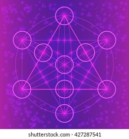 Sacred geometry symbols and elements. Flower of life. Equilibrium of sacred. Geometric religion sacred sign. Violet and pink colors. Sacred mandala with spots. Spiritually theme of sacred geometry.