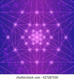 Sacred geometry symbols and elements. Flower of life. Equilibrium of sacred. Geometric religion sign. Violet and pink colors. Mandala with spots. Spiritually theme.